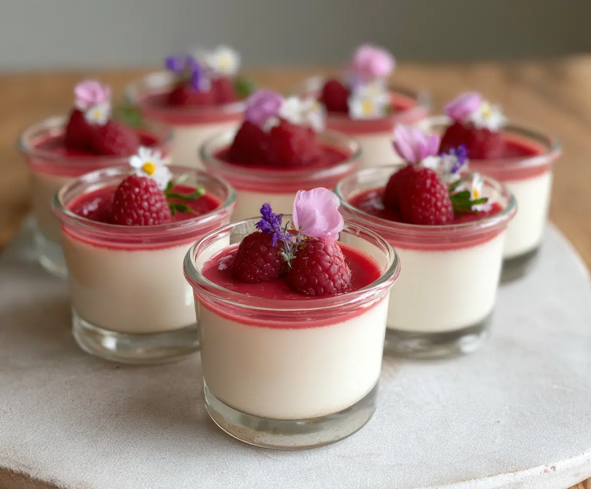 Delicious Raspberry Rose Panna Cotta Cups garnished with fresh raspberries and edible rose petals.