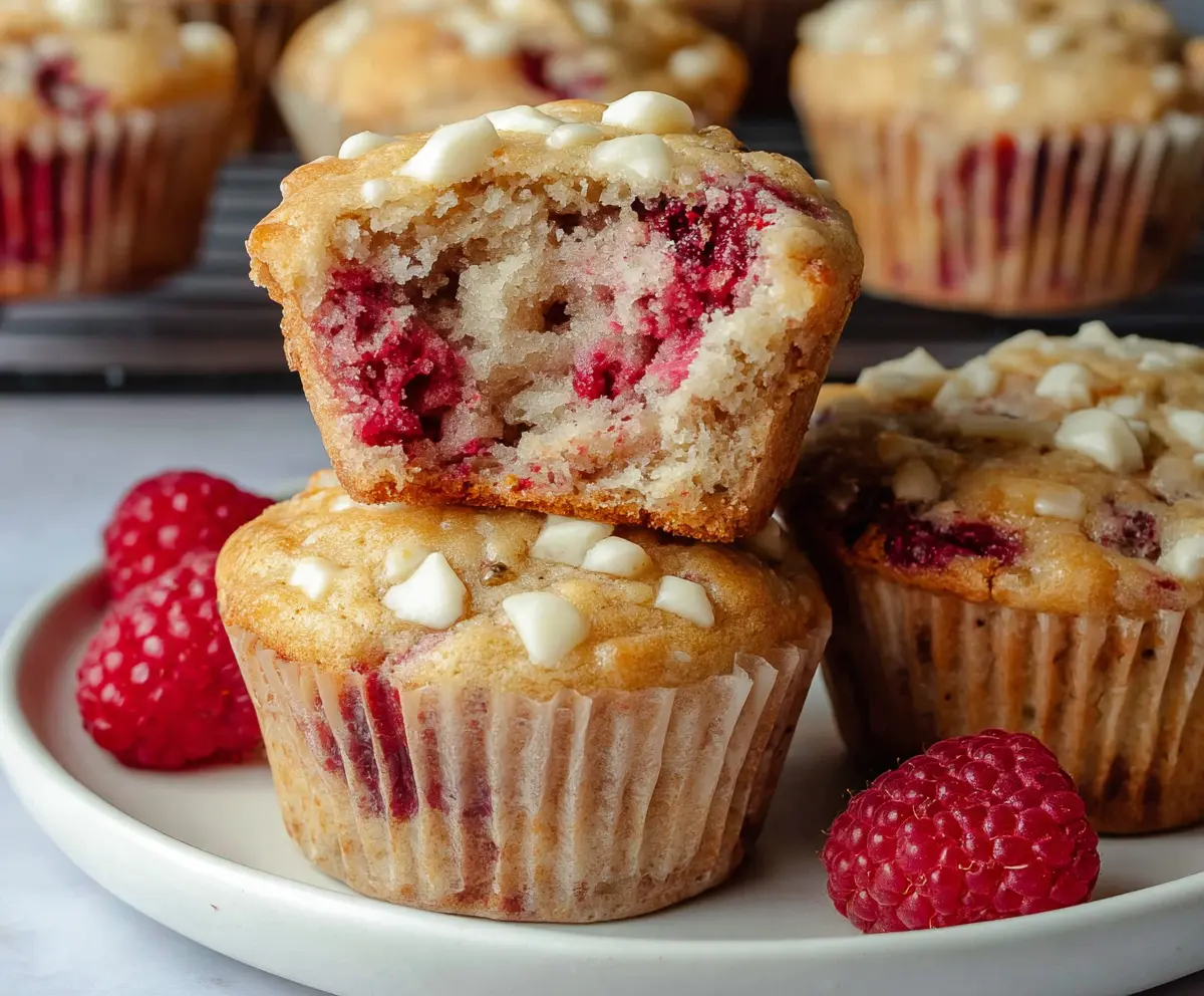 Delicious raspberry white chocolate muffins with fresh berries and creamy chocolate chips