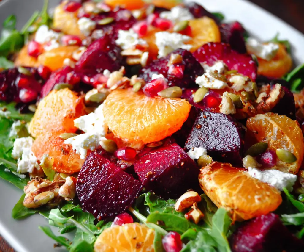 Colorful roasted beet and orange winter salad served in a bowl, highlighting fresh ingredients and vibrant autumn hues.