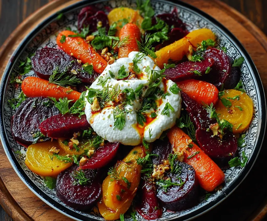 Colorful roasted beets and carrots salad topped with creamy burrata cheese in a rustic bowl.