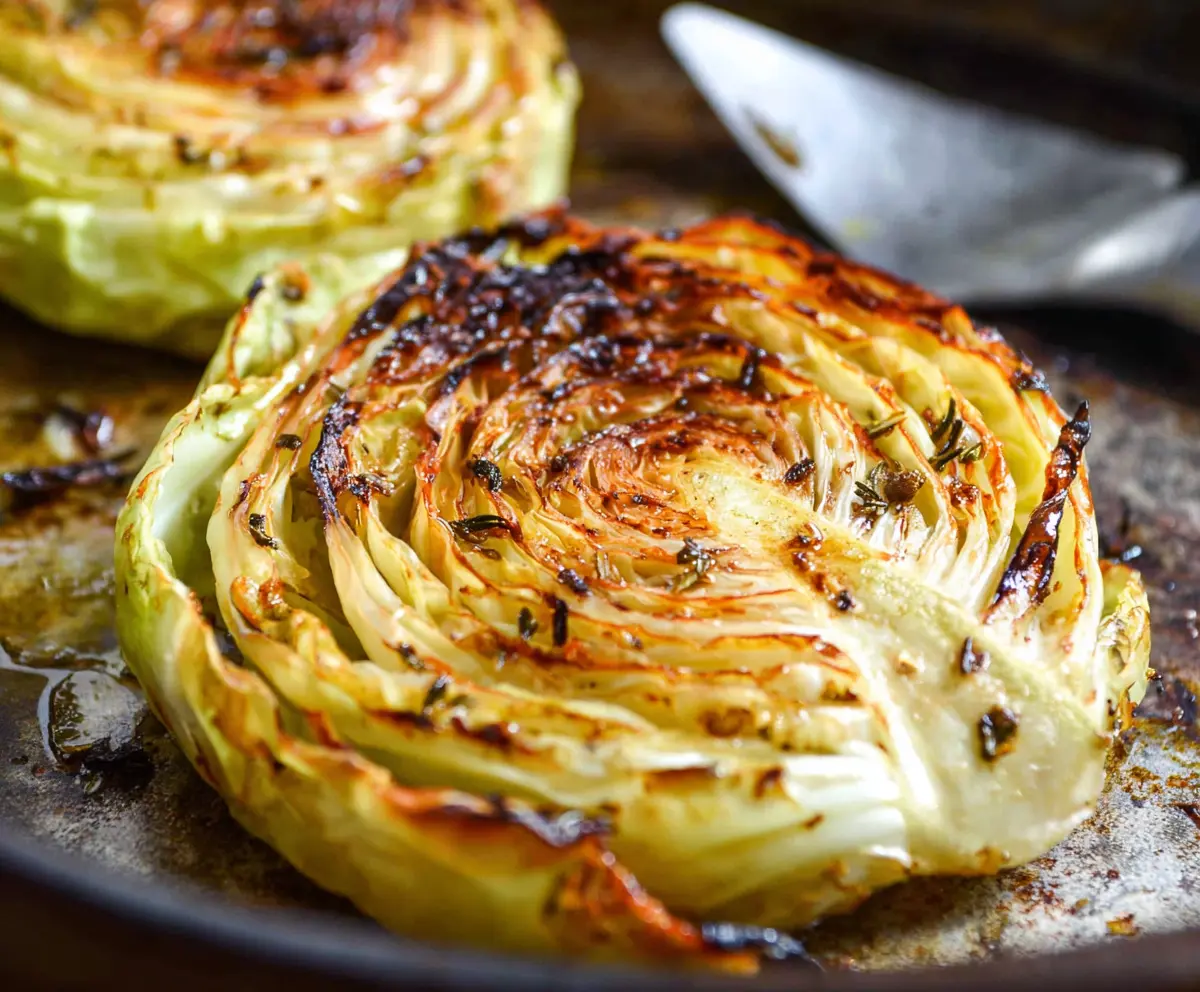 Delicious roasted cabbage steaks garnished with herbs on a rustic wooden table.