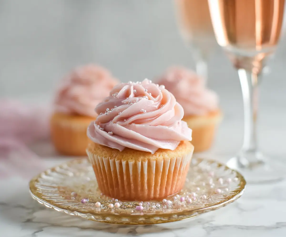 Elegant Rose Champagne Cupcakes with pink frosting and edible rose petals on top.