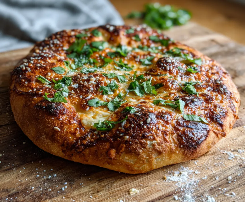 Homemade sourdough discard pizza dough ready to bake, featuring a rustic crust and fresh toppings.