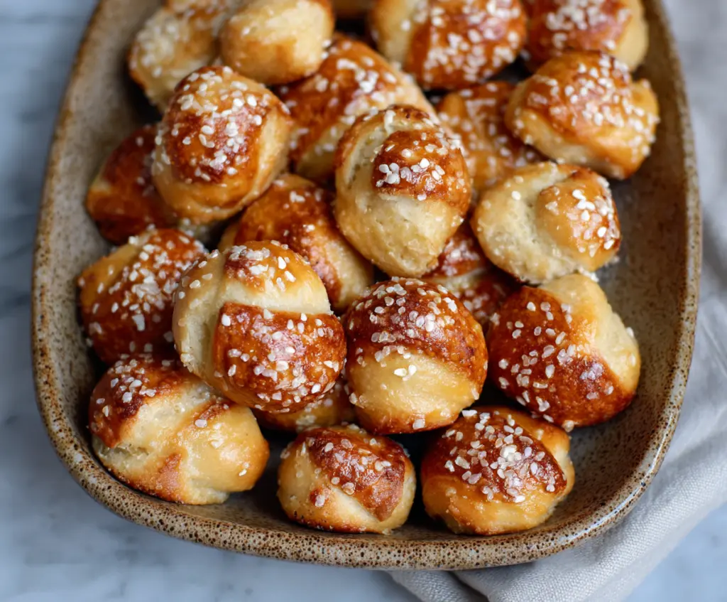 Delicious homemade sourdough discard soft pretzel bites served on a wooden board.