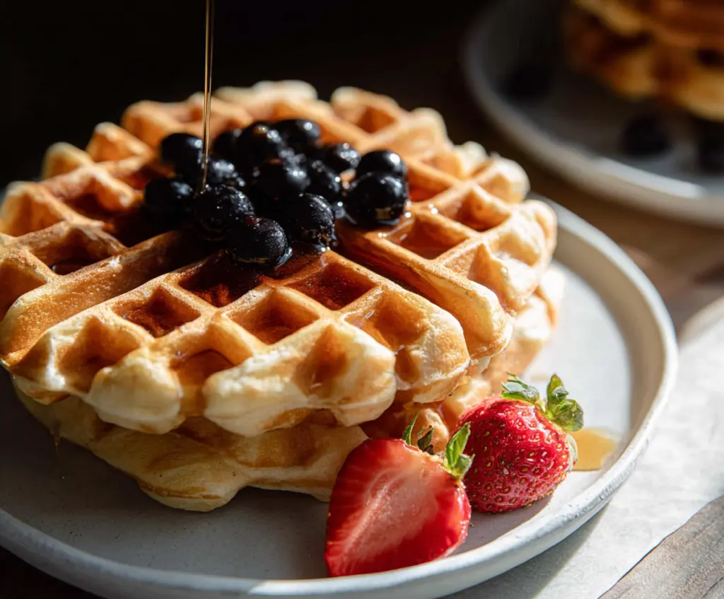 Delicious homemade sourdough discard waffles topped with fresh berries and syrup.