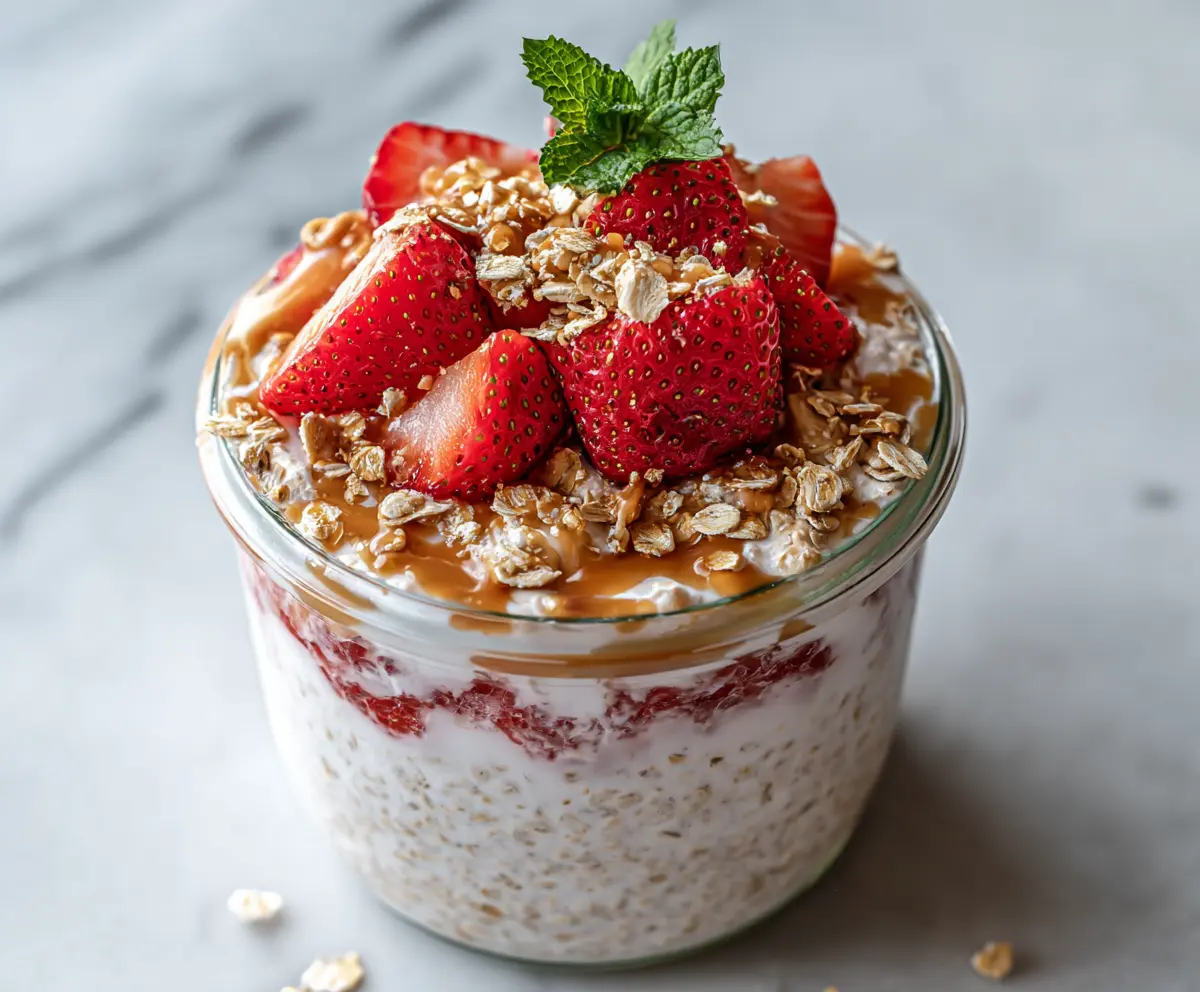 Delicious strawberry cheesecake overnight oats topped with fresh strawberries and creamy cheese for a nutritious breakfast.