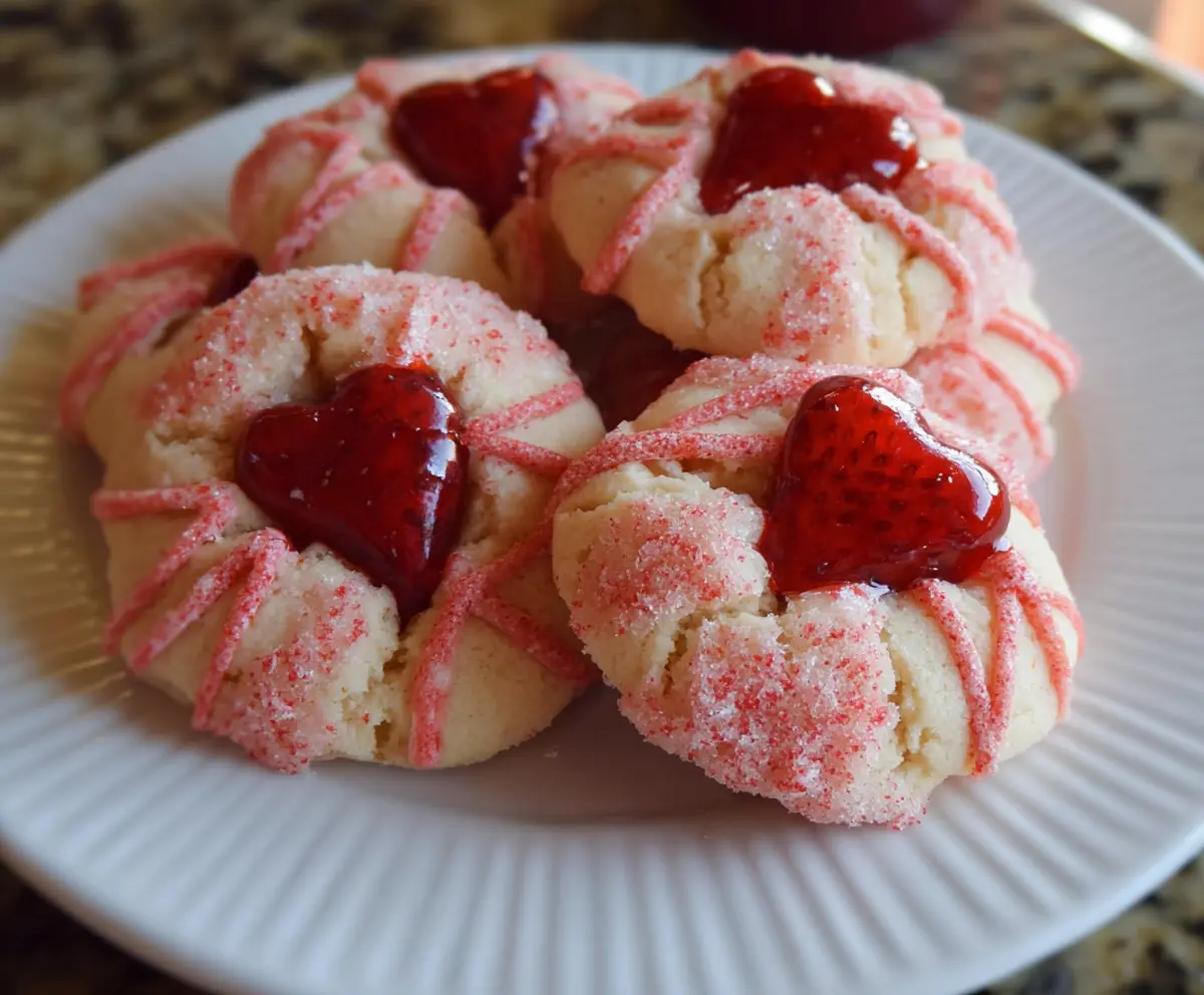 Delicious strawberry kiss cookies with pink icing and sprinkles on top, perfect for a sweet treat.
