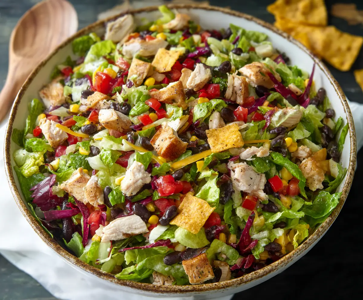 Fresh Tex-Mex chopped chicken salad with colorful vegetables and cilantro, served in a bowl for a healthy meal.