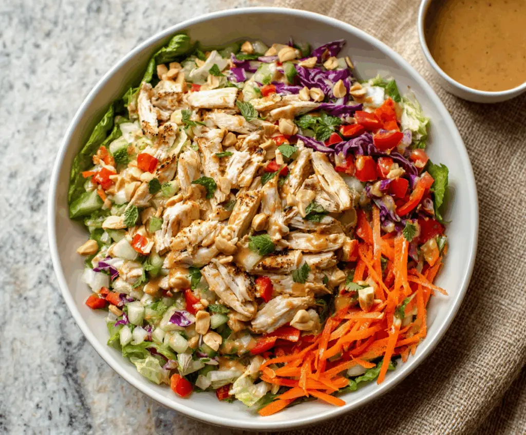 Fresh Thai Chicken Salad with crunchy vegetables and creamy peanut dressing on a white plate.