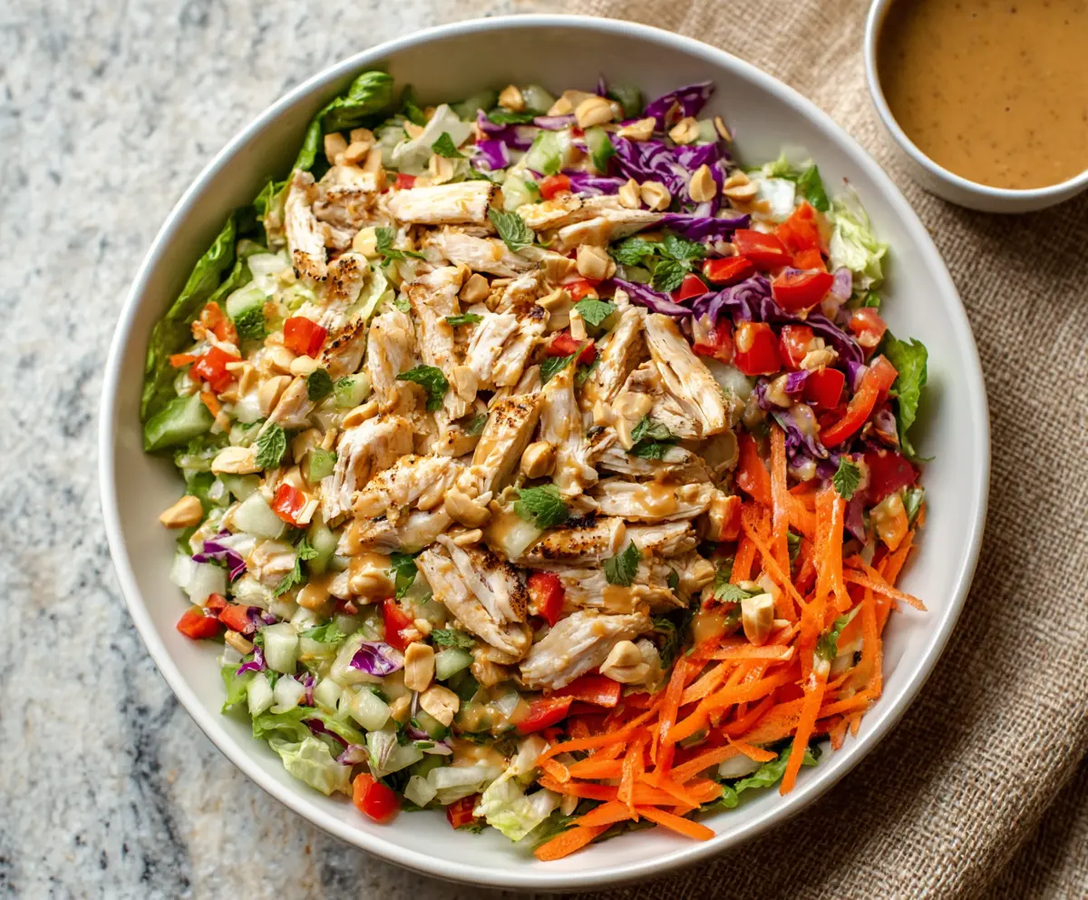 Fresh Thai Chicken Salad with crunchy vegetables and creamy peanut dressing on a white plate.