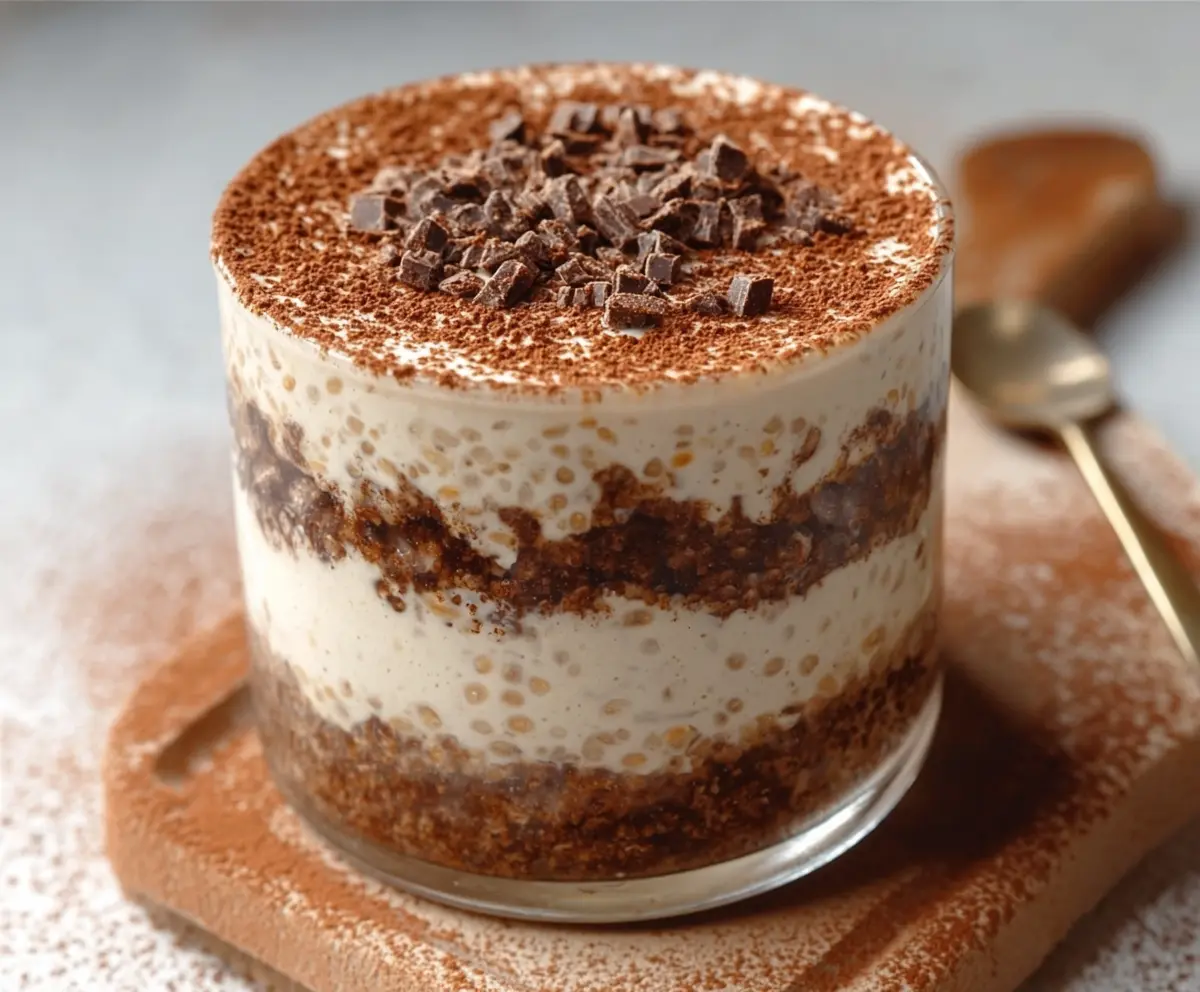 Delicious Tiramisu Overnight Oats topped with cocoa powder and whipped cream, perfect for a flavorful breakfast.