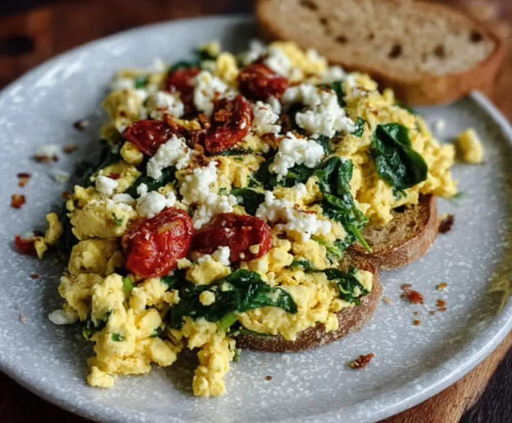 Delicious tofu and spinach breakfast scramble topped with feta cheese, showcasing a healthy and flavorful vegetarian meal.