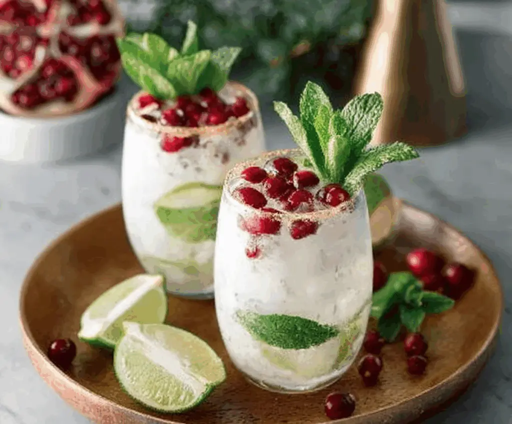 Refreshing White Christmas Mojitos served with mint leaves and lime slices in a clear glass.
