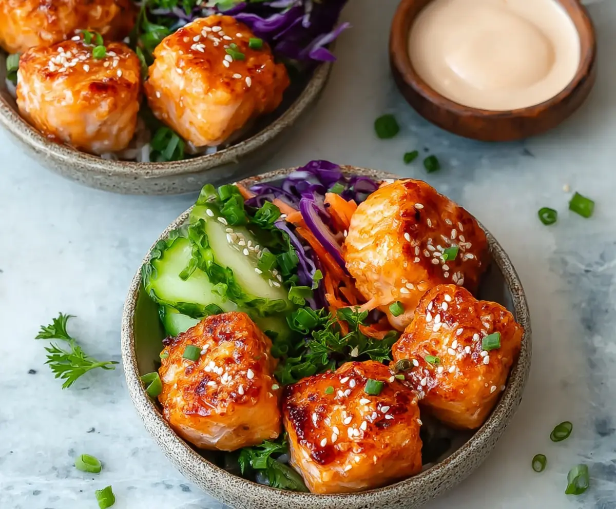 Delicious Bang Bang Salmon Bites served in a colorful bowl with fresh vegetables and sauce.