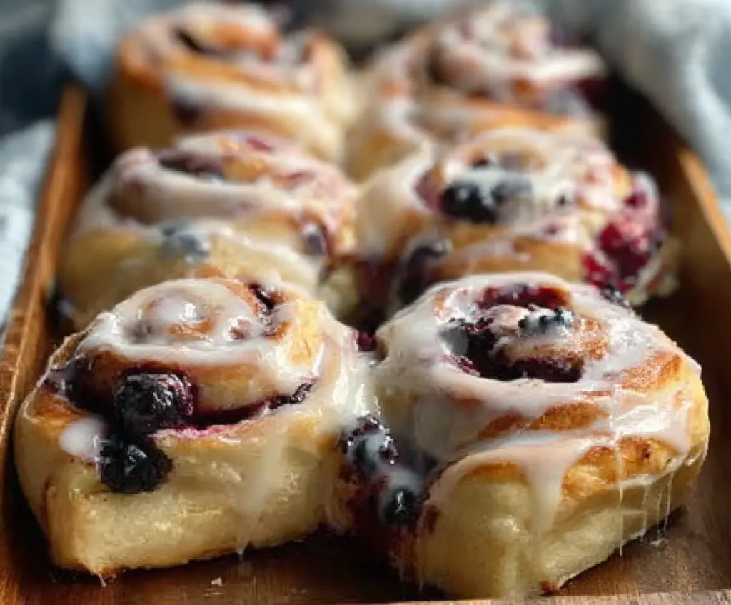 Delicious blueberry lemon sourdough sweet rolls with a glossy glaze on a white plate.