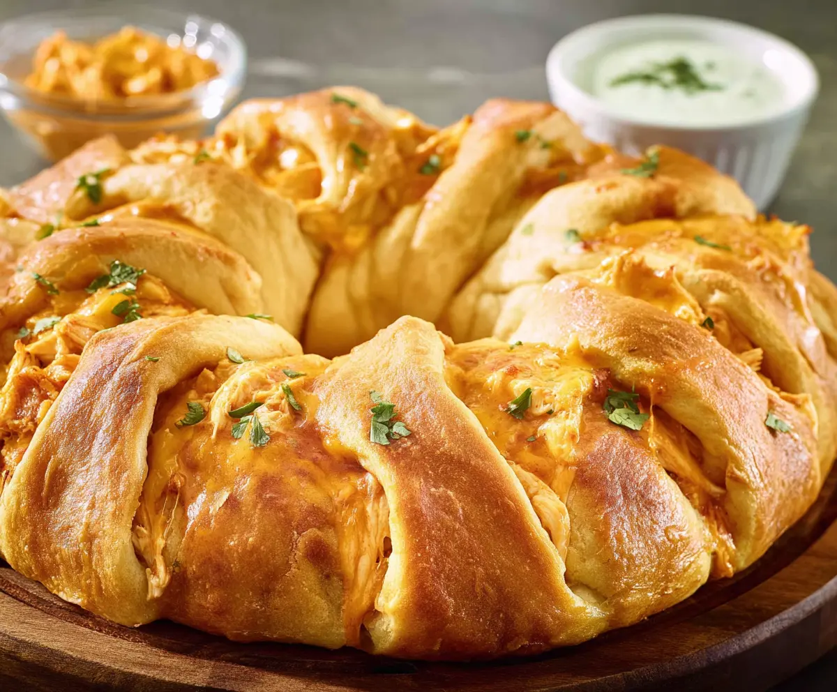 Buffalo Chicken Crescent Roll Ring served with dipping sauce on a baking tray.