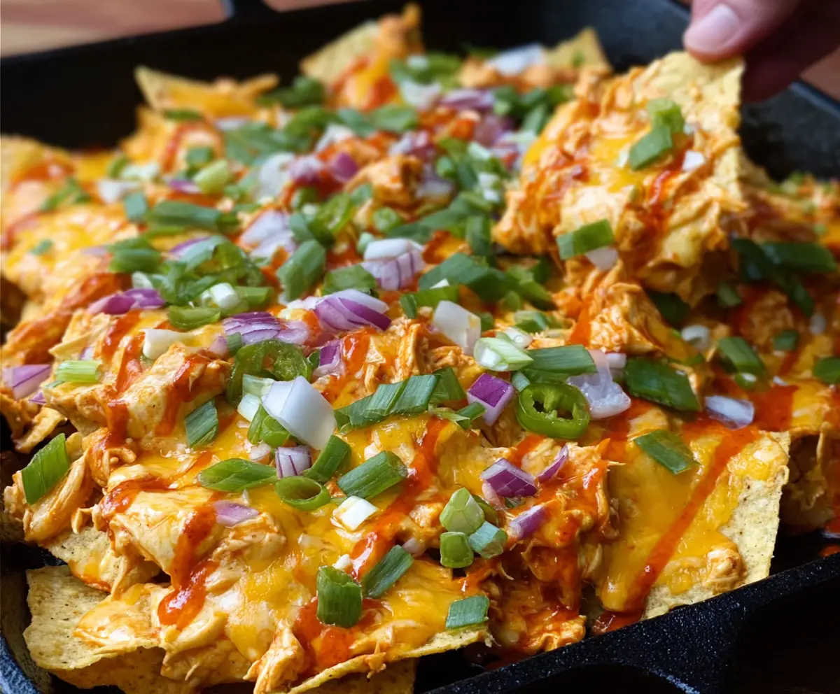 Spicy Buffalo Chicken Dip Loaded Nachos with melted cheese and fresh toppings on a serving platter