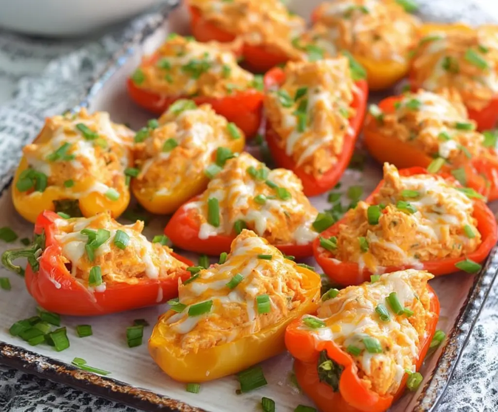Delicious Buffalo Chicken Dip Stuffed Mini Peppers perfect for party appetizers.
