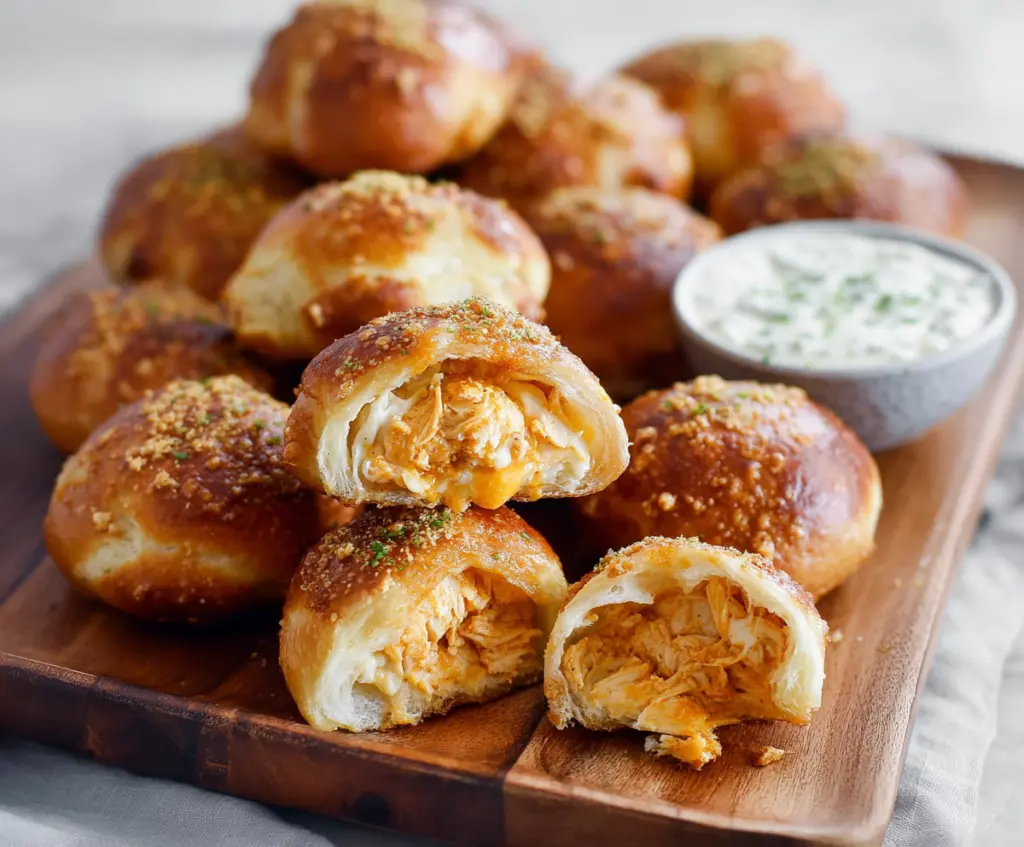 Delicious Buffalo Chicken Stuffed Pretzel Bites with spicy sauce and melted cheese
