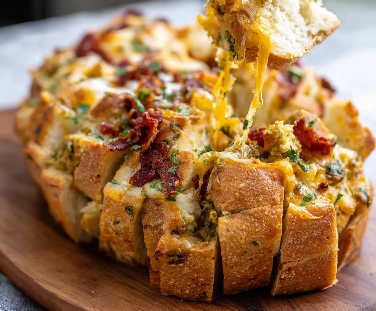 Delicious Cheesy Bacon Ranch Pull-Apart Bread topped with crispy bacon and melted cheese in a baking dish.