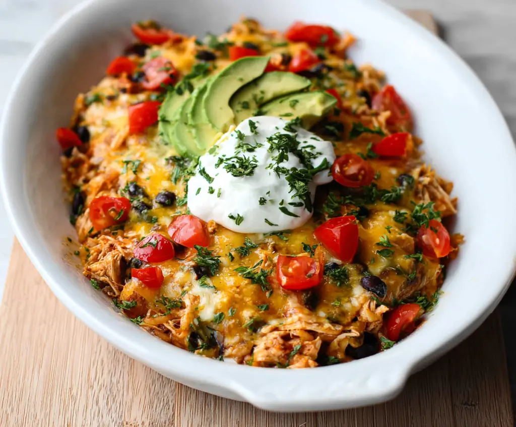 Delicious Chicken Burrito Casserole with layered cheese, chicken, and flavorful spices in a baking dish.