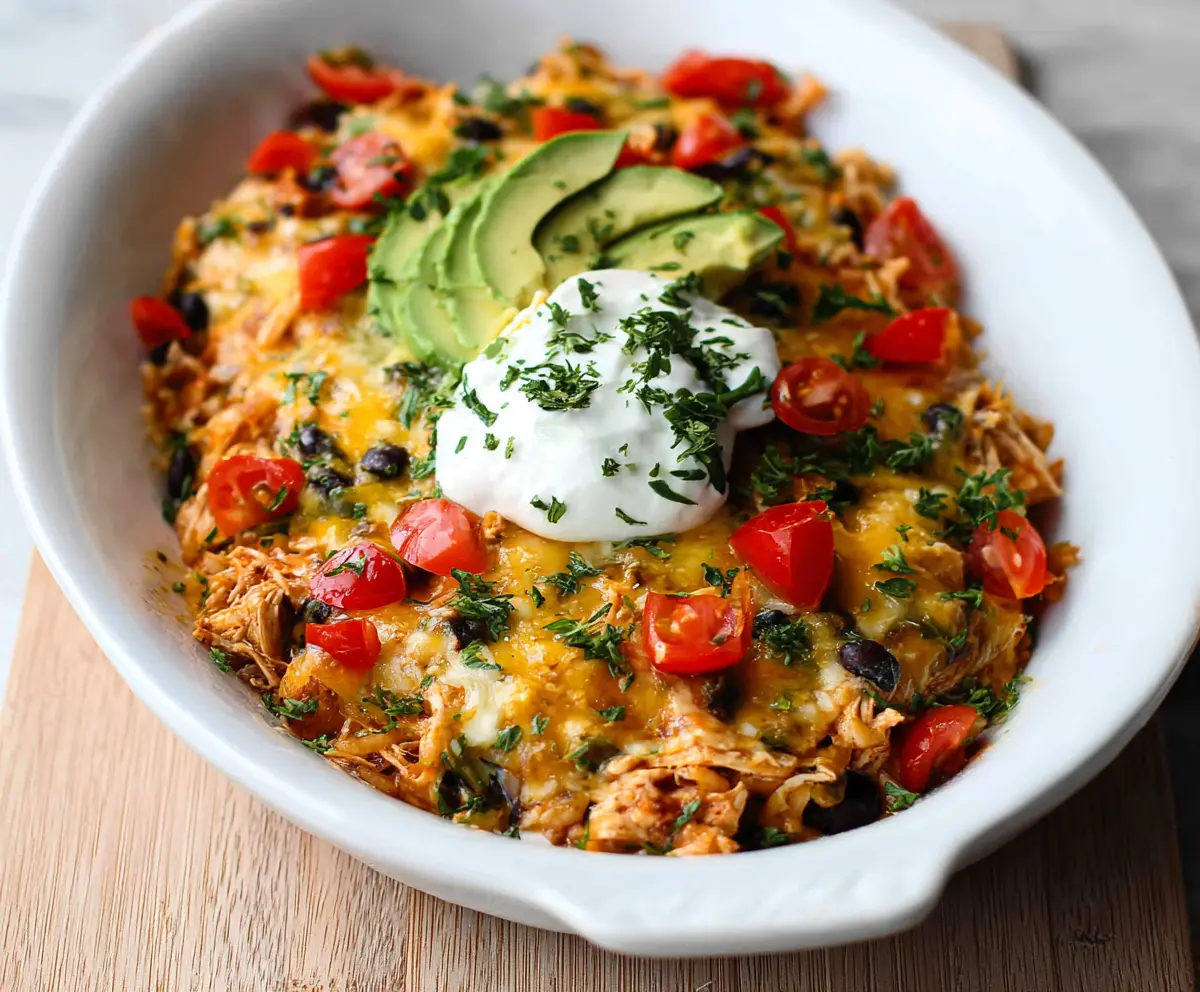 Delicious Chicken Burrito Casserole with layered cheese, chicken, and flavorful spices in a baking dish.