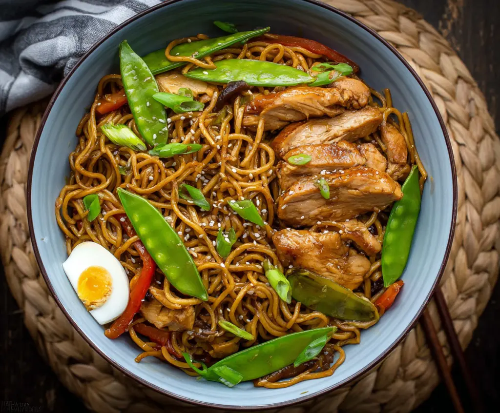 Delicious Chicken Teriyaki Noodles served with fresh vegetables and savory sauce.