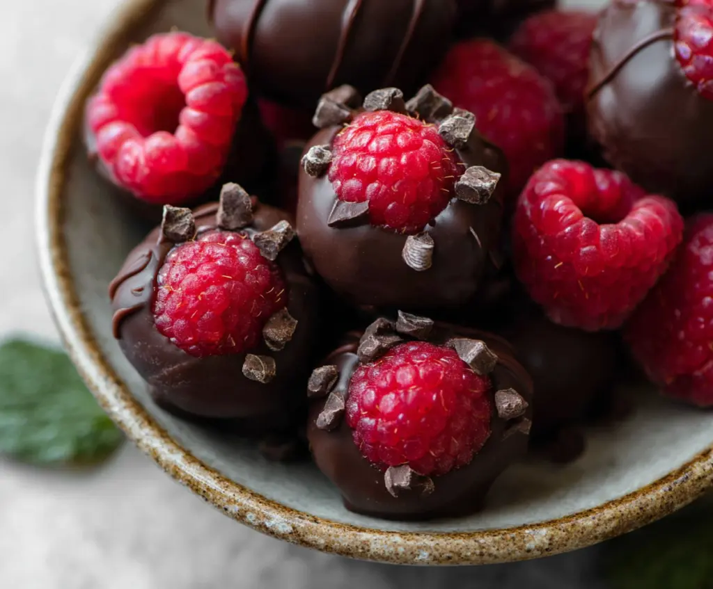Delicious chocolate-covered raspberries on a white plate, perfect for a sweet treat or dessert.