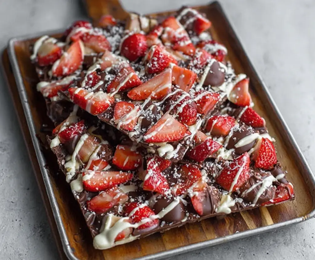 Delicious chocolate covered strawberry bark with fresh strawberries and shiny chocolate coating
