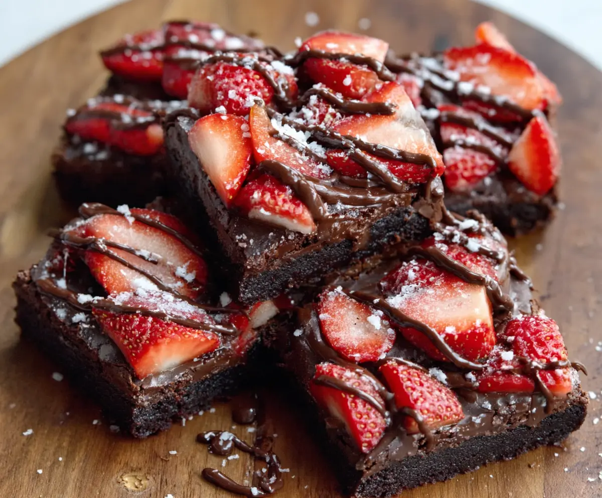 Delicious chocolate-covered strawberry brownies with rich chocolate glaze and fresh strawberries on top.