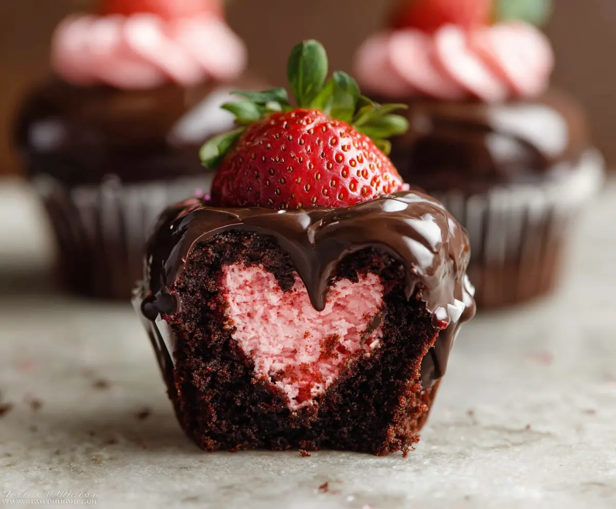 Delicious chocolate-covered strawberry cupcakes with fresh strawberries and rich chocolate frosting