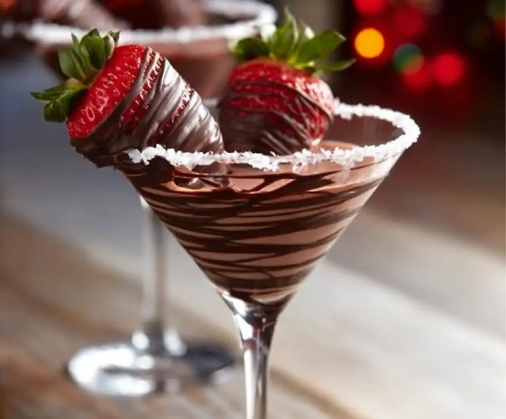Elegant Chocolate Covered Strawberry Martini with fresh strawberries and rich chocolate drizzle
