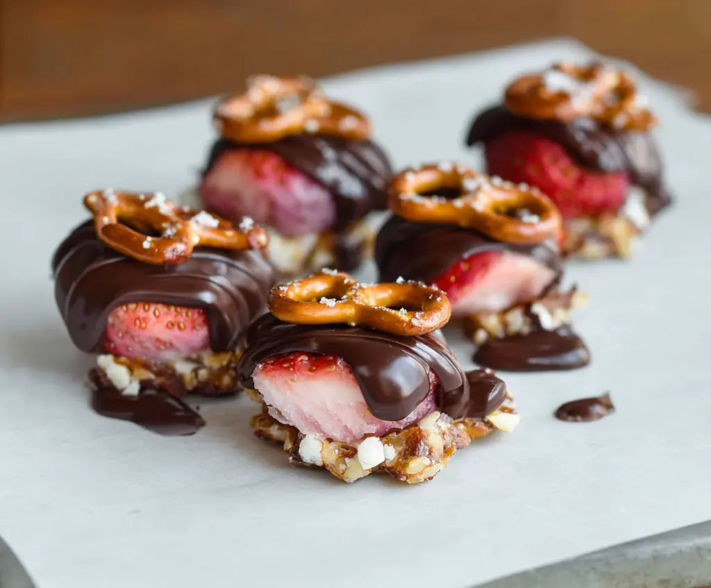 Close-up of Chocolate-Dipped Strawberry Pretzel Bites arranged on a white plate, highlighting their glossy chocolate coating and vibrant red strawberries.