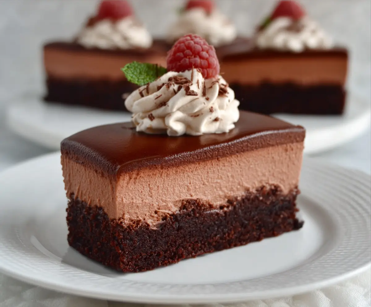 Delicious Chocolate Mousse Brownies topped with rich, creamy mousse and chocolate shavings.