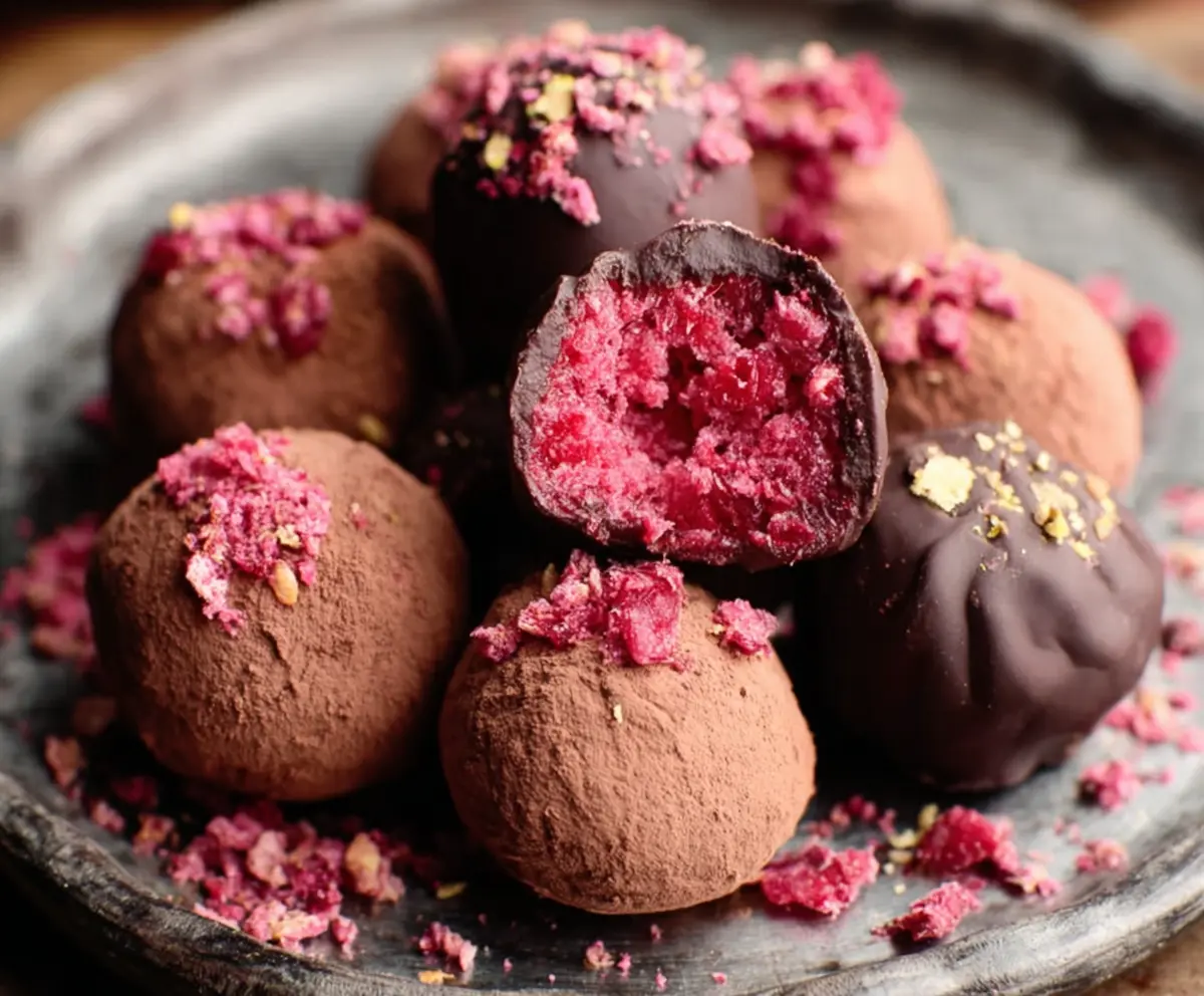 Delicious chocolate raspberry truffles with a glossy finish on a white plate, perfect for dessert lovers.