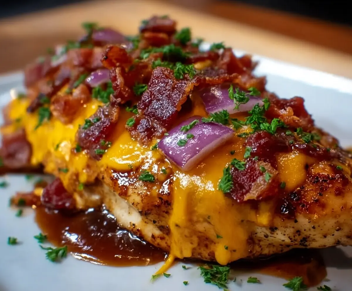 Delicious Cowboy BBQ Bacon Cheddar Chicken with melted cheese, crispy bacon, and smoky barbecue sauce on a plate.