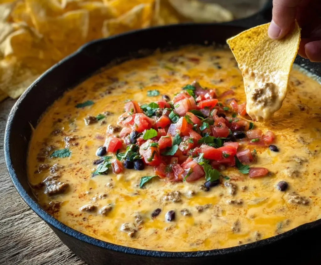 Creamy Cowboy Queso dip with melted cheese, chorizo, and jalapenos served in a rustic bowl.