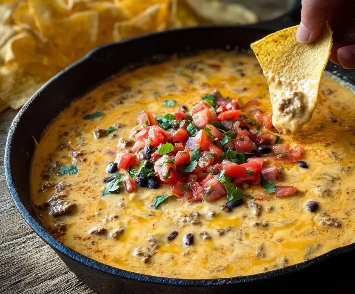 Creamy Cowboy Queso dip with melted cheese, chorizo, and jalapenos served in a rustic bowl.