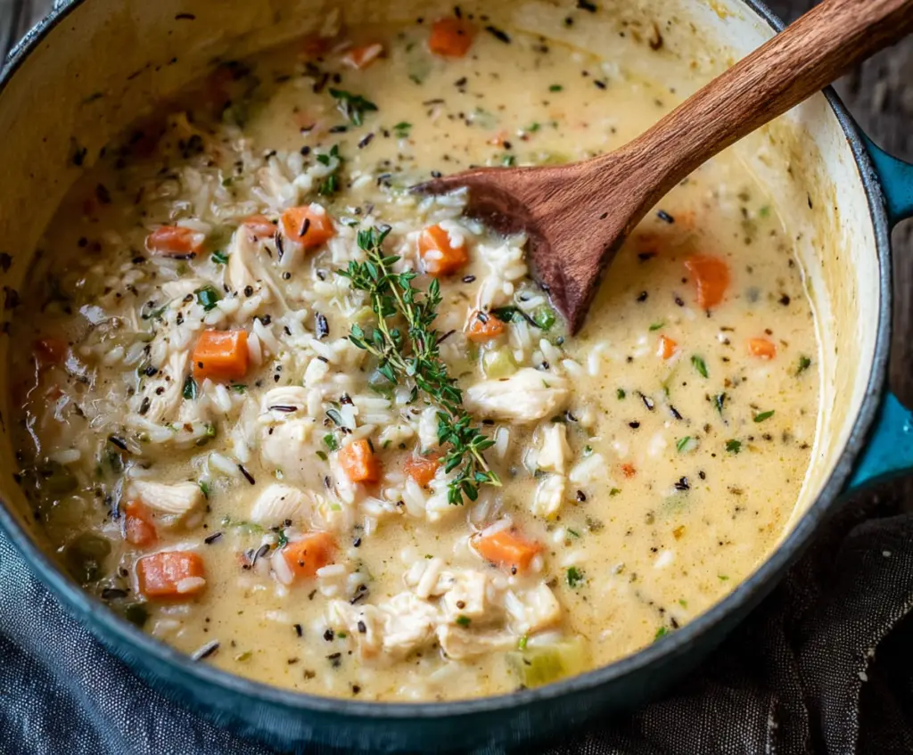 Creamy chicken and rice soup served in a bowl with fresh herbs, perfect for a hearty meal.