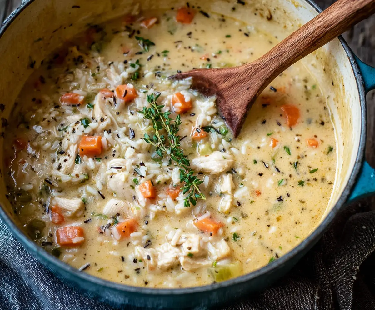 Creamy chicken and rice soup served in a bowl with fresh herbs, perfect for a hearty meal.