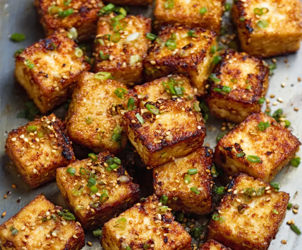 Golden crispy air fryer tofu served on a plate with fresh herbs.