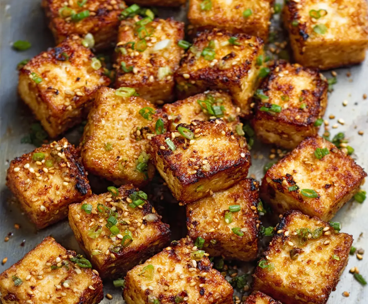 Golden crispy air fryer tofu served on a plate with fresh herbs.
