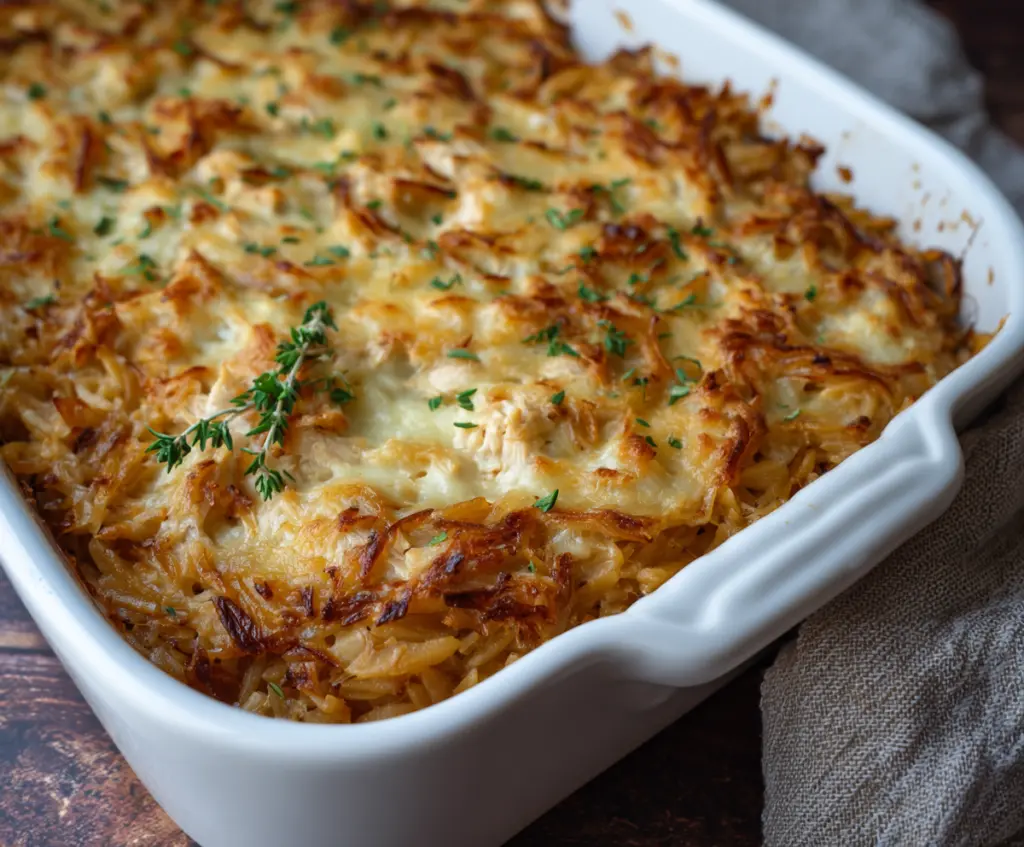Delicious French Onion Chicken Orzo Casserole in a baking dish with melted cheese and caramelized onions.