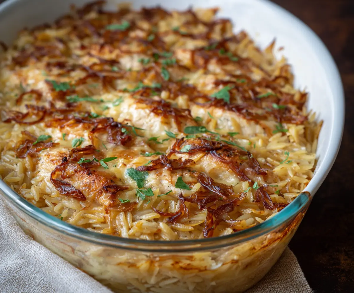 Easy French Onion Chicken Orzo Casserole