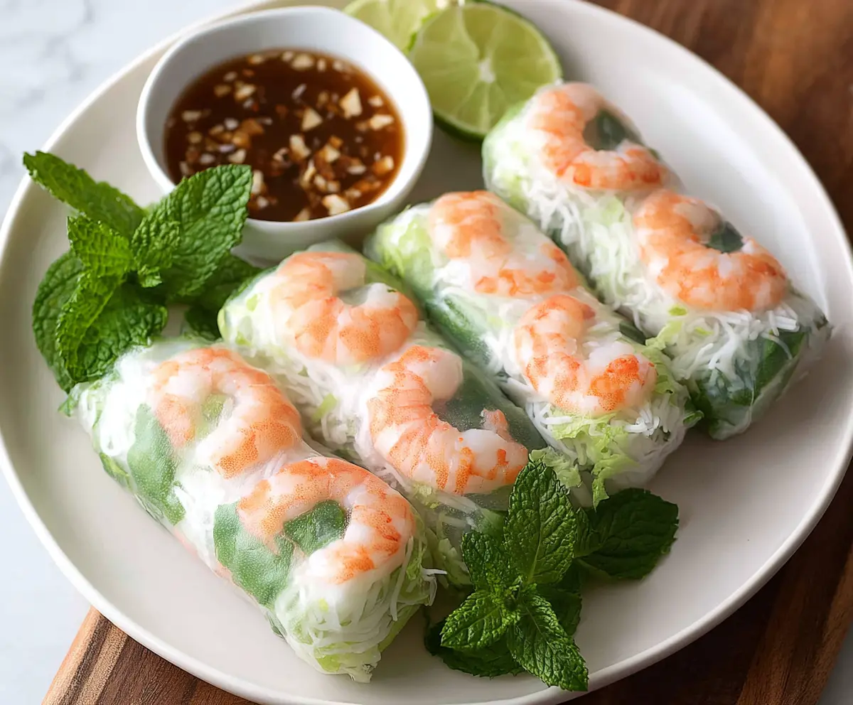 Fresh Vietnamese shrimp spring rolls with herbs and rice paper on a white plate.