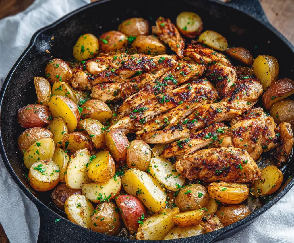 Delicious garlic butter chicken and crispy potatoes skillet served on a plate garnished with fresh herbs.