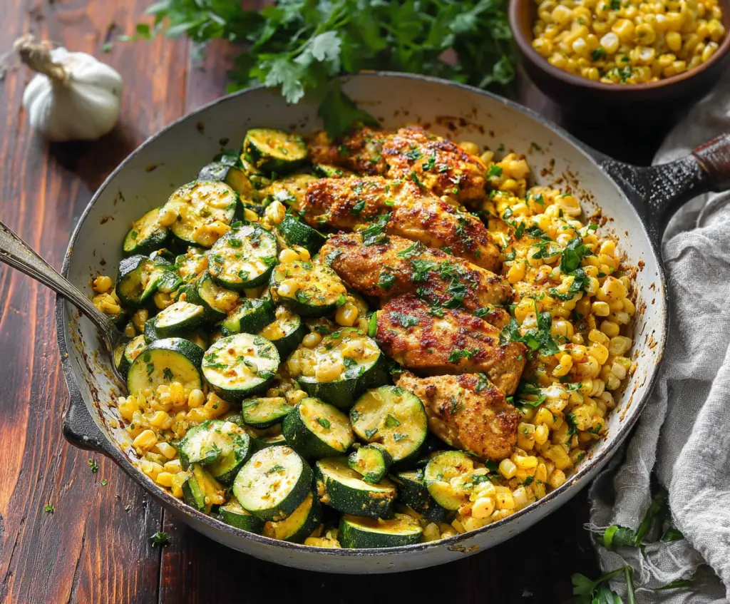 Delicious Garlic Butter Chicken with Zucchini and Corn on a plate garnished with fresh herbs.