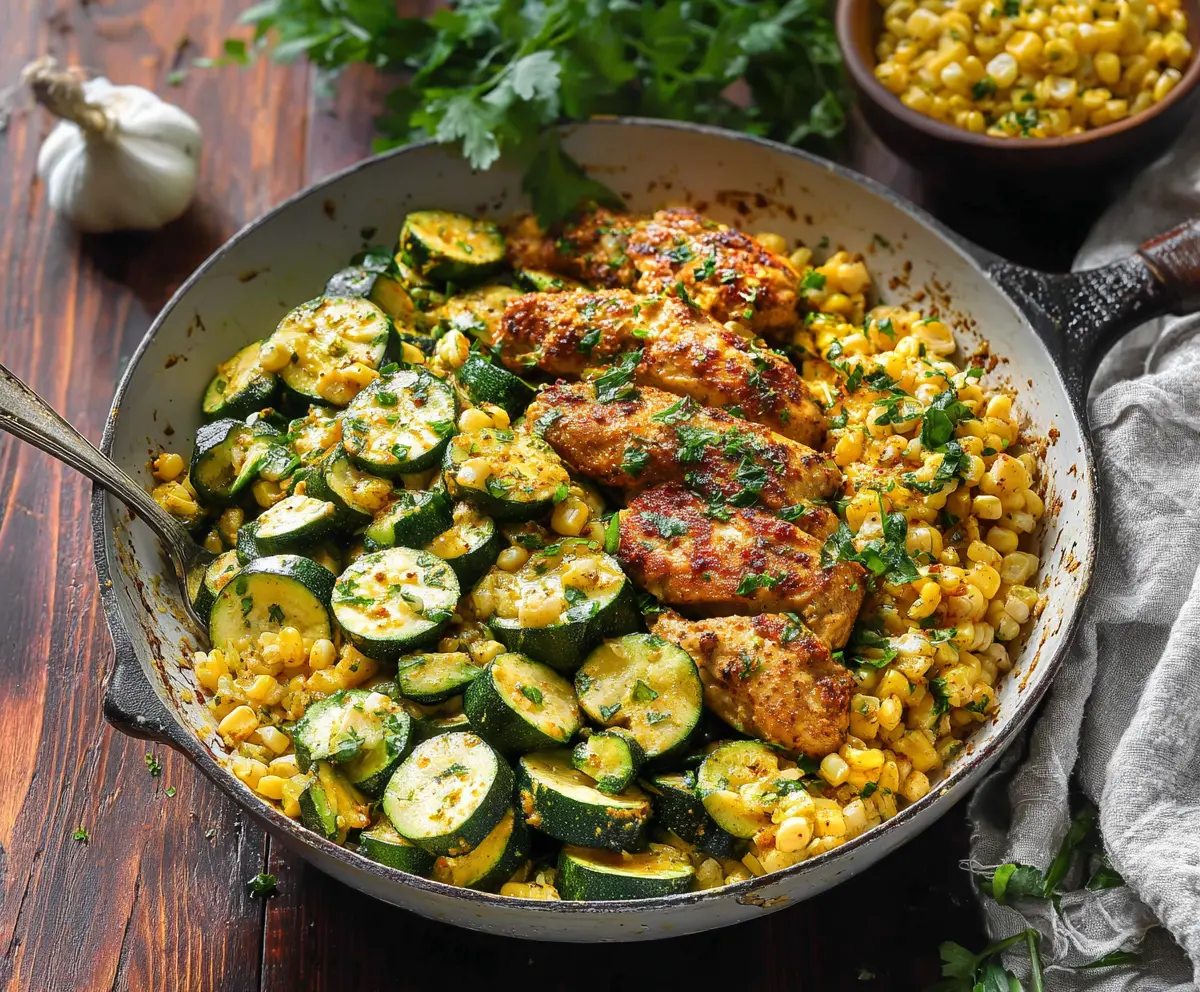 Delicious Garlic Butter Chicken with Zucchini and Corn on a plate garnished with fresh herbs.