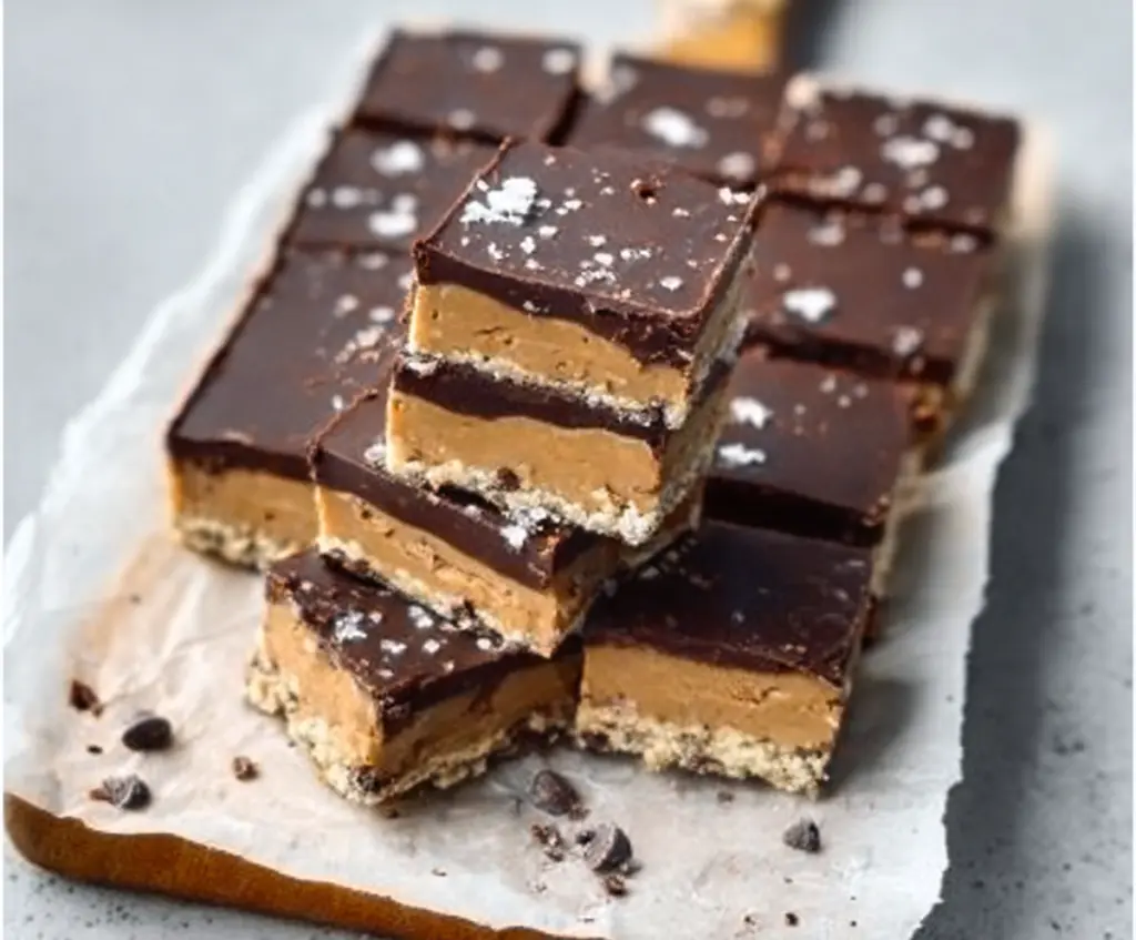 Healthy no-bake cookie dough bars made with oats, nut butter, and dark chocolate pieces.