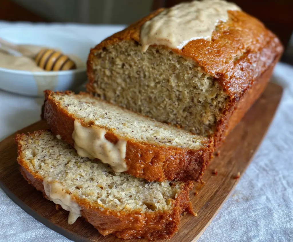 Freshly baked honey vanilla banana bread sliced on a wooden board, garnished with banana slices and honey drizzles.